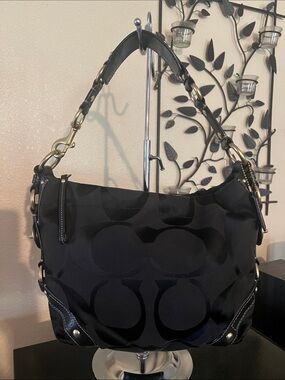 Coach Black Signature Jacquard Hobo Bag with Leather Trim